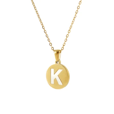 Moda a a z carta encantos iniciais de aço inoxidável 18k banhado a ouro jóias forma redonda alfabeto pingente colar para mulher